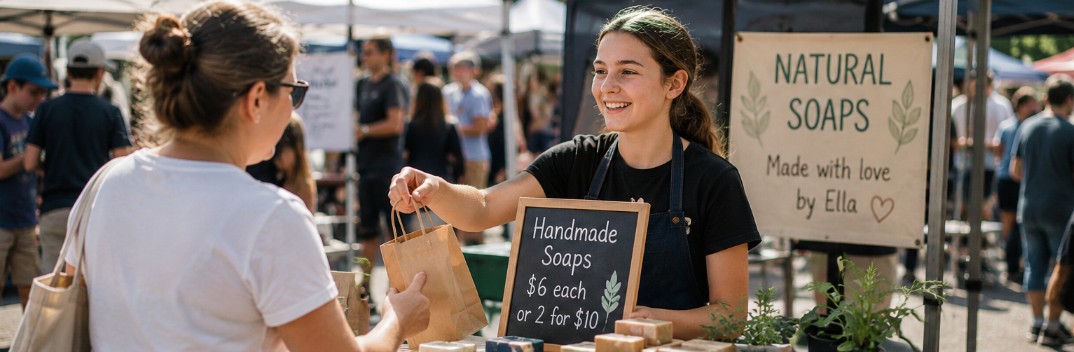 Ella, a teenage entrepreneur, smiling as she hands a customer a bag of her handmade Natural Soaps at a community market stall