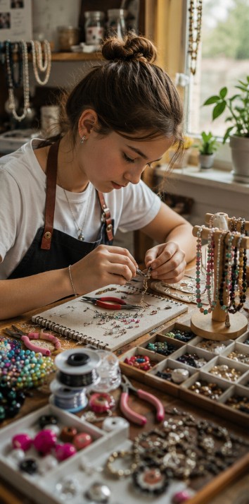 A young entrepreneur carefully making handmade beaded jewellery at her workbench surrounded by beads and finished pieces